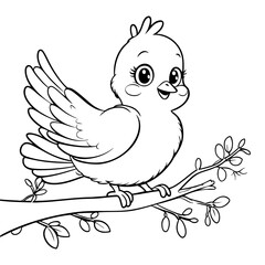 Adorable Cartoon Bird Standing on Tree Branch with Spread Wings