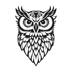 Owl logo with sharp gaze, clean lines, symbol of wisdom and power. vector owl, owl emblem, night bird, tribal owl	