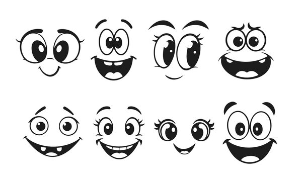 Set of funny cartoon faces with big eyes and smiles, black and white vector characters of emotions, cartoon faces, funny expressions, vector emoji, children characters