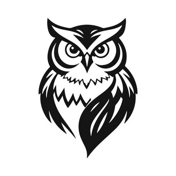 Owl logo with sharp gaze, clean lines, symbol of wisdom and power. vector owl, owl emblem, night bird, tribal owl	
