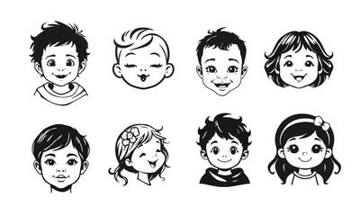 Cute kids faces set, cartoon children, emotional baby expressions, black white characters	