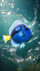 A beautiful Blue Tang Fish swims in the blue ocean, a natural underwater scene of seawater animal life 004