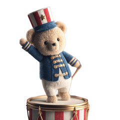 Adorable teddy bear in blue uniform playing a drum cute musical toy festive holiday cheerful cartoon character fun illustration for kids room decor 3d red on transparent background