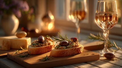 Fototapeta premium Olive and Garlic Tapenade Spread on Toasted Bread With Wine
