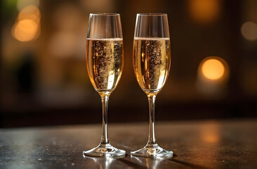 Two glasses of champagne on the table, bubbles in the glass