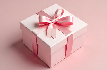 Pink gift box with pink ribbon and bow isolated on pink background pastel tones, wedding present, present, gift, 