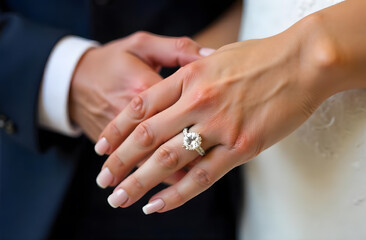 Hand in hand, the bride's hand with a ring in the groom's hand close up view 