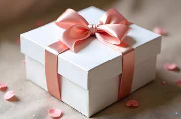 White gift box with pink ribbon on the blurred background, Wedding gift, Christmas gift, New Year present, white box with a pink bow, present in the box, birthday, celebration