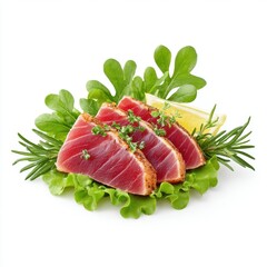 Seared tuna steaks are beautifully plated with fresh greens and lemon slice.