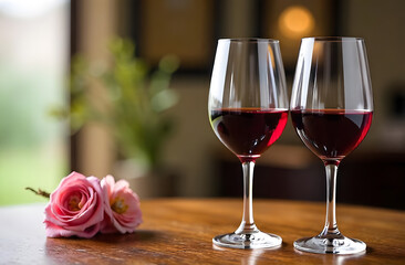 Two glasses of red wine are on the table