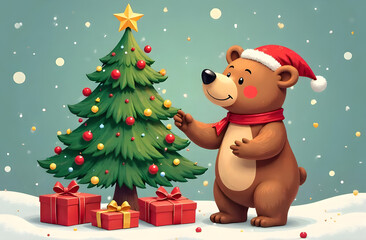 Bear decorating a Christmas tree, cartoon illustration, flat style illustration 