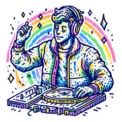 vector illustration of a DJ man in action, colorful background