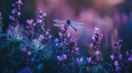 A vibrant dragonfly rests on purple lavender blossoms at dusk