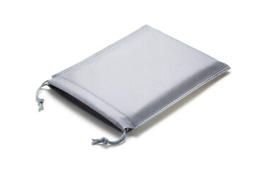 empty grey drawstring bag on white background
