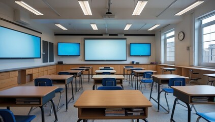 Modern Classroom with Rows of Desks, Blue Chairs, and Large Screens