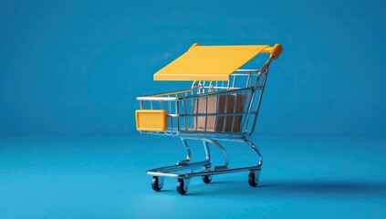 Miniature Shopping Cart with a Cardboard Box on a Blue Background