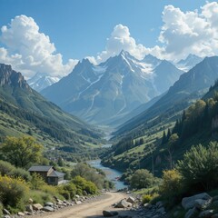 Fototapeta premium Peaceful Mountain Village Scenery Under Clear Sky