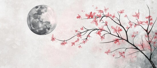 Art natural landscape background with watercolor texture vector. Branch with leaves and flower decoration in vintage style.