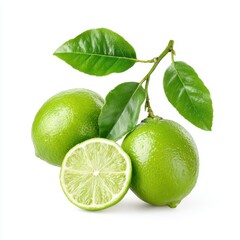 Two whole limes and a halved one sit with leaves against white backdrop.