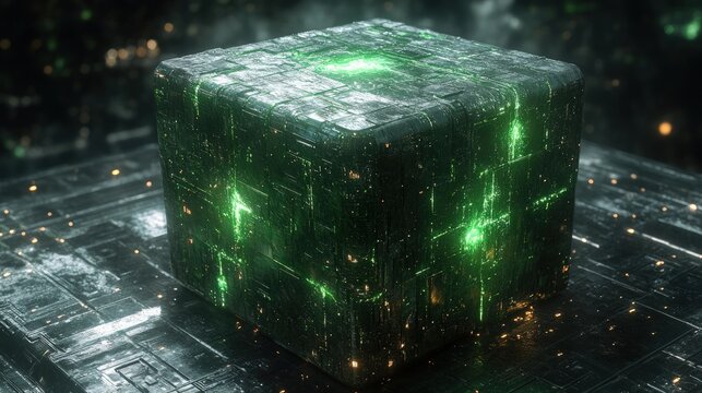 Futuristic, dark, cube-shaped device with glowing green circuitry - Powered by Adobe