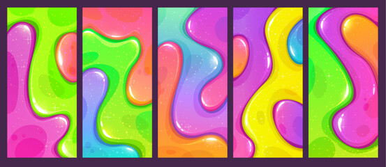Colorful abstract slimy wave background. Glitter mixed slime texture.Bright abstract gel texture with vibrant colors and glossy liquid shapes. Colorful jelly long vertical backgrounds set.