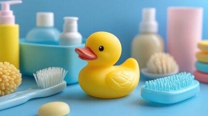 Baby bath accessories. Child care. Miniature yellow rubber duckling for bathing with a brush and shampoo bottles.