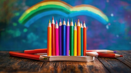 Back to school background with colorful pencils, book and rainbow on wooden table.