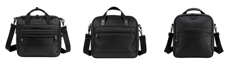 Set Closed Black Camera Case with Zipper and Shoulder Strap, Front View Isolated PNG