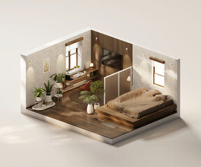 Isometric view bed room open inside interior architecture 3d rendering digital art	
