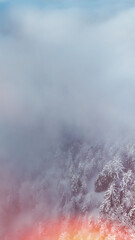 winter mountain landscape with snow, fog and cloud covered trees and skies
