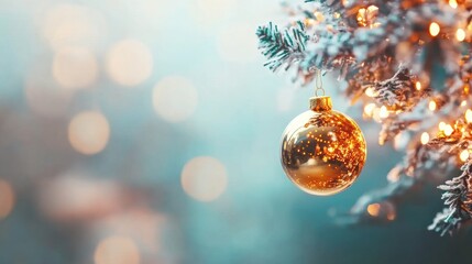 Christmas ornament hanging on evergreen tree with soft glowing lights