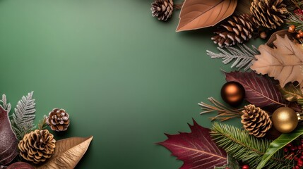 Obraz premium Festive arrangement of autumn leaves and pinecones on a green background