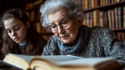 An elderly woman and a young girl read together in a library. Concept of intergenerational learning. For education and literacy campaign.