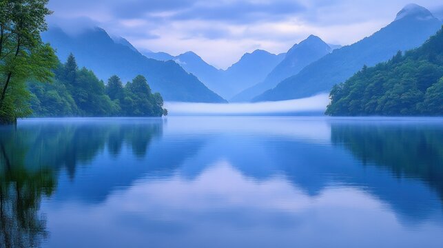 Serene lake landscape, misty mountains