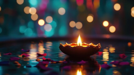 Beautiful Diwali decoration with traditional diya, illuminated background, vibrant lights, and festive ambiance.