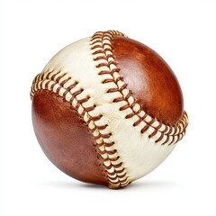 A baseball with brown and white leather and stitching sits isolated here.