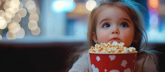 Beautiful little girl looking fascinated eating popcorn watching a movie at the local movie theatre snack bucket junk food tasty childhood entertaining