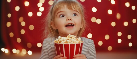 Beautiful little girl looking fascinated eating popcorn watching a movie at the local movie theatre snack bucket junk food tasty childhood entertaining