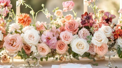 Beautiful romantic elegant wedding decor for a luxury dinner in Italy, Tuscany. Modern floral design for outdoor wedding
