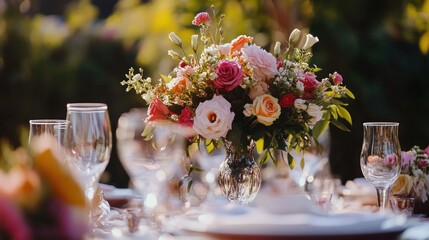 Beautiful romantic elegant wedding decor for a luxury dinner in Italy, Tuscany. Modern floral design for outdoor wedding