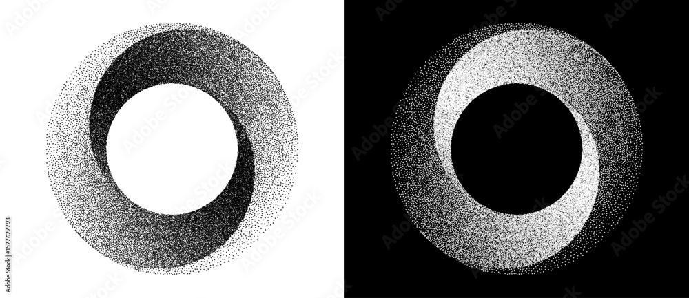 Fototapete Abstract art background with dotted circle. Stipple effect with chaotic noise in spiral. Black shape on a white background and the same white shape on the black side.