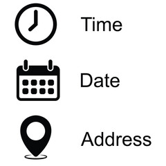 Time, date and address icons set. Time, date and address line and solid icon set. calendar, Clock, location pin, icon set. vector illustration.