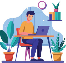 young man working on laptop, a man sitting a desk with a laptop	