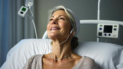 elderly woman in hospital in ward listening to music with headphones smiling and relaxed lifestyle concept, music therapy, wellness industry - Powered by Adobe