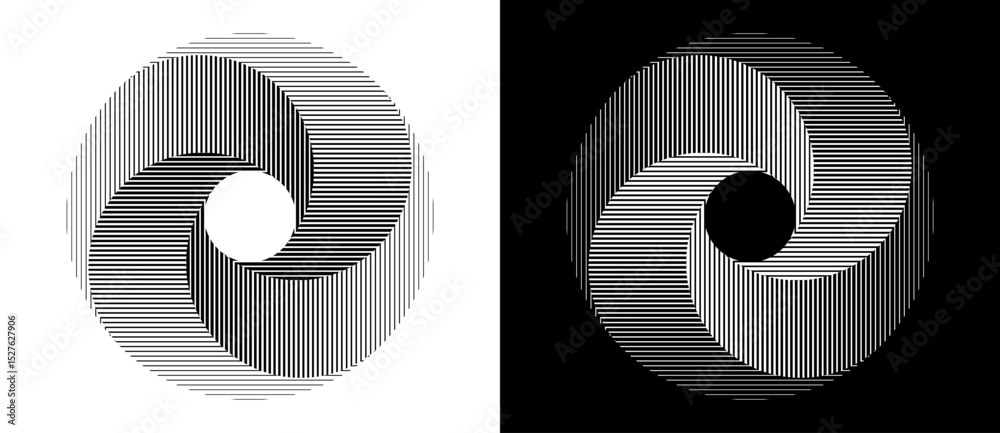 Leinwandbilder Lines in circle abstract background. Dynamic transition illusion. Black shape on a white background and the same white shape on the black side.