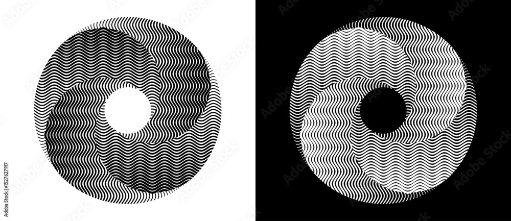 Aufkleber Lines in circle abstract background. Dynamic transition illusion. Black shape on a white background and the same white shape on the black side.