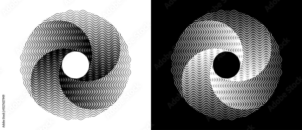 Poster Lines in circle abstract background. Dynamic transition illusion. Black shape on a white background and the same white shape on the black side.