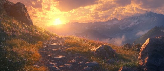Beautiful sunset on mountain with trail leading up side. Trail is surrounded by grass and rocks.
