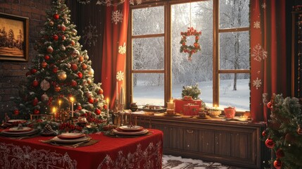 beautiful setting of the New Year's table in red, against the background of a decorated Christmas tree and a window