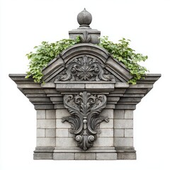 Obraz premium An ornate stone architectural element is decorated with green foliage outside.